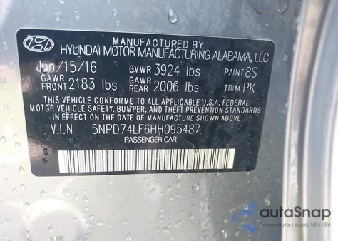 2017 Hyundai Elantra Se z USA, uszkodzony, nr VIN 5NPD74LF6HH095487